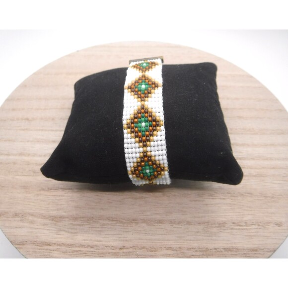 Loom Beaded Bracelet White, Brown & Green - Picture 2 of 5